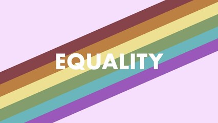 Rainbow colored stripes moving diagonally across the screen with text saying „Equality". Diversity themed animation on pink background. - Powered by Adobe