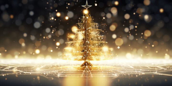 Christmas Tree In Digital Technology Style On Black Background Woth Gold Boken, Christmas Postcard Banner Template With Free Space For Text