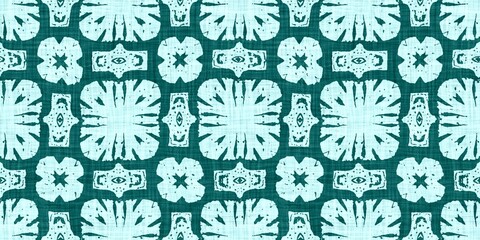 Teal green white vibrant watercolor batik azulejos tile border banner background. Seamless aqua coastal blur linen effect geometric mosaic effect.Boho Patchwork nautical masculine summer ribbon trim. 