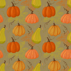 Pattern with stylized pumpkins and leaves. Terracotta stylized pumpkins
