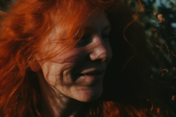 Generative AI image of a portrait of smiling young woman with red hair