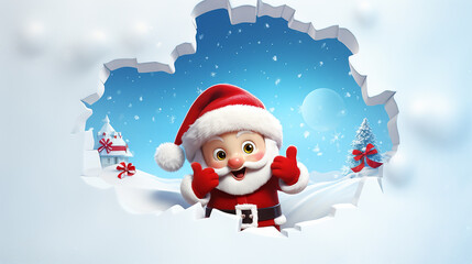 Naklejka na ściany i meble Buraco 3D na parede de neve com um Papai Noel fofo e brincalhão usando um chapéu de Papai Noel em uma cena de Natal no Pólo Norte