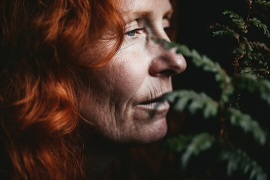 Generative AI image of portrait of a thoughtful woman with red hair