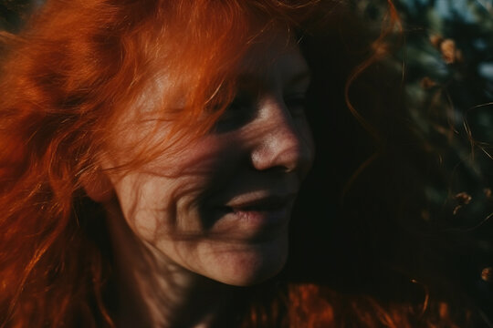 Generative AI image of a portrait of smiling young woman with red hair