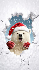 Buraco 3D na parede de neve com um Urso fofo e brincalhão usando um chapéu de Papai Noel em uma cena de Natal no Pólo Norte