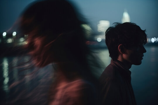 Generative AI image of a contrasted couple and city night lights