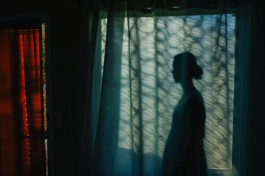 Generative AI image of a woman silhouette against a patterned curtain