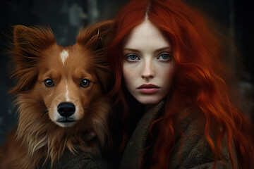 Generative AI illustration of woman with red hair closely sharing a moment with a majestic red furred dog highlighting their striking resemblance