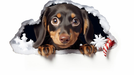 Buraco 3D na parede de neve com um cachorro fofo e brincalhão usando um chapéu de Papai Noel em uma cena de Natal no Pólo Norte - obrazy, fototapety, plakaty