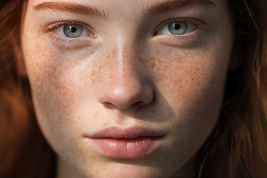 Generative AI illustration of close-up of woman with green eyes and red hair looking at camera her freckles accentuating her fair complexion