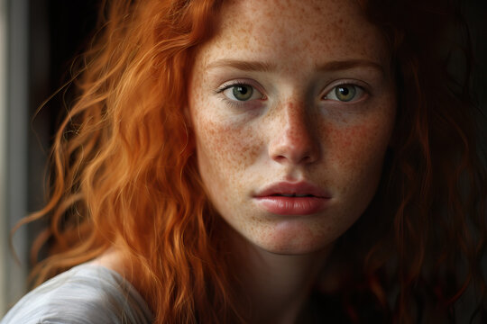Generative AI illustration of pensive woman with curly red hair and soulful eyes gazing through a window her expression tinged with melancholy