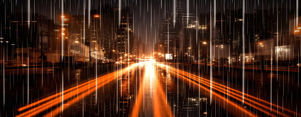 Fototapeta na wymiar Downtown traffic reflections, a rainy midnight dark mood composition