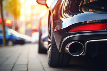 Close up of stainless steel exhaust tip muffler pipe of sports car, bokeh car showroom on...