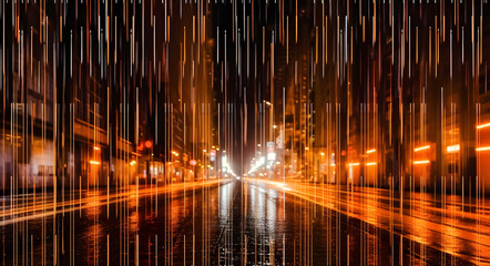 Rainy midnight composition, yellow light tail rain and traffic light reflections in a metropolitan city, black mood and warm lights