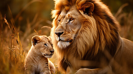 foto adoravel de rei leão com seu filhote, amor de pai  - obrazy, fototapety, plakaty