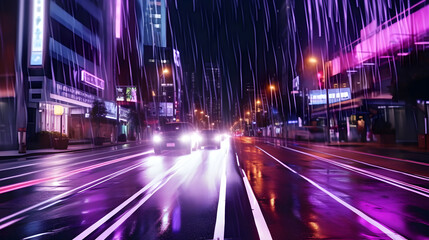 Fototapeta na wymiar Rainy midnight composition, yellow light tail rain and traffic light reflections in a metropolitan city, black mood and warm lights