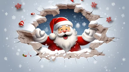 Foto op Canvas Buraco 3D na parede de neve com um Papai Noel fofo e brincalhão usando um chapéu de Papai Noel em uma cena de Natal no Pólo Norte © Alexandre