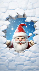 Buraco 3D na parede de neve com um Papai Noel fofo e brincalhão usando um chapéu de Papai Noel em uma cena de Natal no Pólo Norte