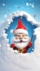 Naklejka na ściany i meble Buraco 3D na parede de neve com um Papai Noel fofo e brincalhão usando um chapéu de Papai Noel em uma cena de Natal no Pólo Norte
