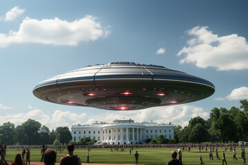 An elliptical metallic UFO landing on the White House lawn made with AI