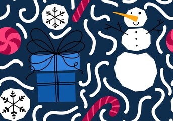 Cartoon winter ice seamless snowman and snowflakes and candy pattern for Christmas packaging and new year