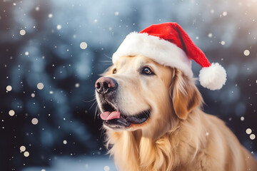 Cute golden retriever dog wearing Christmas red Santa Claus hat in snow falling sky scene. Winter Forest Landscape
