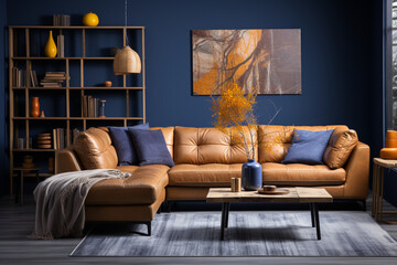 Corner sofa in room with dark blue walls. Interior design