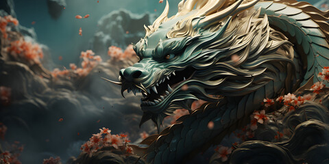 Chinese green and gold wooden texture dragon statue banner with flowers. Asian culture symbol of 2024 new year concept.