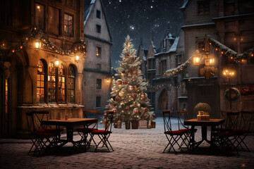 Fototapeta na wymiar Empty Wooden table in front of medieval Town Square with lit trees in Christmas night. Gothic castle at night. Christmas Holidays