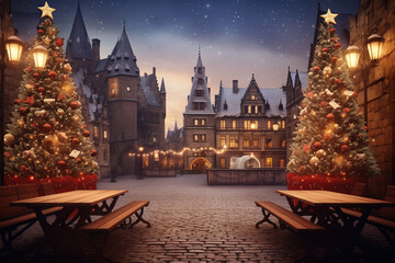 Empty Wooden table in front of medieval Town Square with lit trees in Christmas night. Gothic castle at night. Christmas Holidays - Powered by Adobe