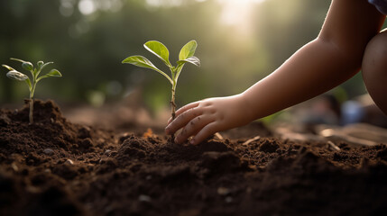 Young child hands planting a tree and caring for nature - obrazy, fototapety, plakaty