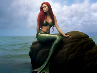 Mermaid sitting on a rock, realisic photorealistic image