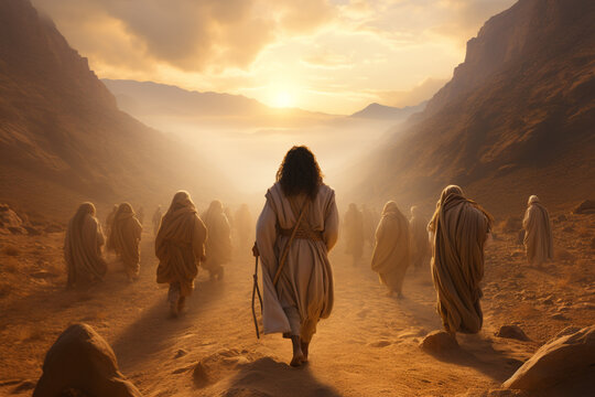 Led by faith and divine calling, Moses guides Israelite Jews through impenetrable wilderness, lighting way for them reach promised land and providing them with divine protection. desert.