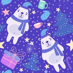 Christmas animals seamless bears and gloves and gifts box and candy and cup of tea pattern for wrapping paper