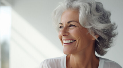 Frau mit grauen haaren lacht fröhlich ins Sonnenlicht - obrazy, fototapety, plakaty