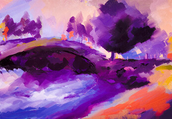 Vibrant Impressionistic Landscape of Bridge Over Water in Purples with Park, Sanctuary, or Walking Path & Trees & Shrubs - Art, Artwork, Digital Painting, Design, Illustration