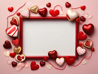 valentine's day. 3d hearts on a pink background and red frame leaving white space for text