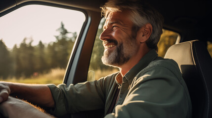 Senior man smiling  in car driving countryside