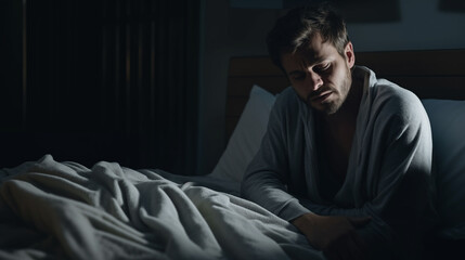 Man suffering from depression in in bedroom. Sadness and burn out - obrazy, fototapety, plakaty