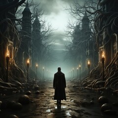 Fototapeta premium shadowy man waking through a haunted village that is overgrown by creepy vines and tree branches, generative ai