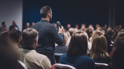 man in audience holding microphone and talking, in the style of dark teal and dark gray, strong use of color, academic precision. a man is giving a talk at a training conference - obrazy, fototapety, plakaty