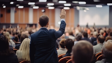 man in audience holding microphone and talking, in the style of dark teal and dark gray, strong use of color, academic precision. a man is giving a talk at a training conference - obrazy, fototapety, plakaty
