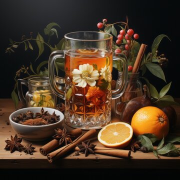 still life Christmas image of mulled wine with spices and lemon, generative ai