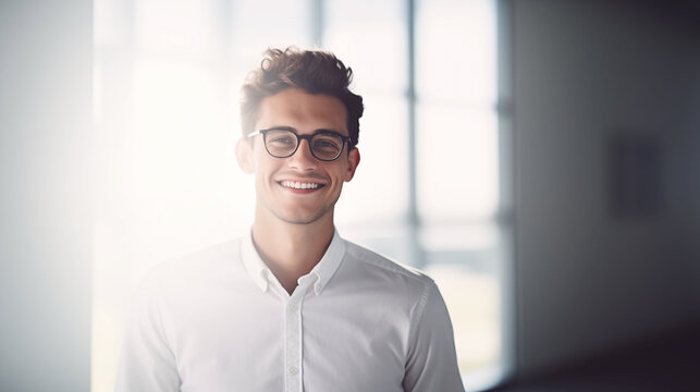 portrait of smiling business man wearing business suit in light office