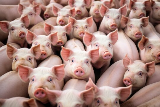 Many pigs waiting to be fed at a farm