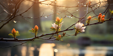 the youthful vigor of fresh spring branches in a park, their delicate buds in sharp focus against a dreamy, out-of-focus backdrop of early springtime greenery