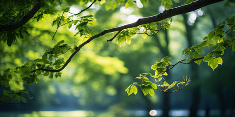 Fototapeta premium vibrant green leaves sprouting on spring branches, the lively verdure set against a tranquil, out-of-focus park scene dappled with the soft light of dawn