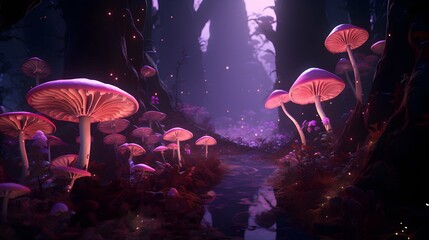 Fototapeta na wymiar a forest fantasy wallpapers with pink mushrooms for fantasy world