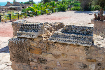 Panoramic view of ancient ruins with thermal baths, archaeological site in Carthage. Tunis, Tunisia
