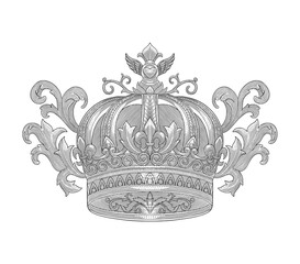 Crown with floral ornament, Vintage engravig drawing style illustration